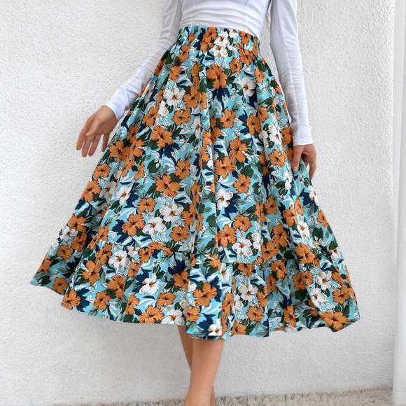 Boho Floral Print Flowy High waist Skirt - Picture 2 of 9